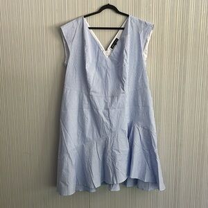 Plus size blue & white striped dress with ruffled hem